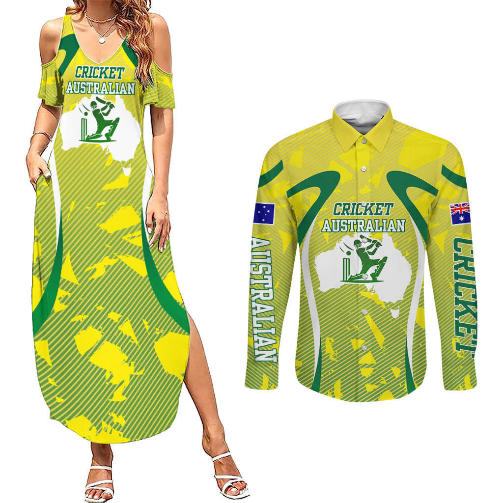Cricket Australian Couples Matching Summer Maxi Dress and Long Sleeve Button Shirt Map Silhouette With Green And Gold Geometric Pattern