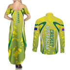 Cricket Australian Couples Matching Summer Maxi Dress and Long Sleeve Button Shirt Map Silhouette With Green And Gold Geometric Pattern