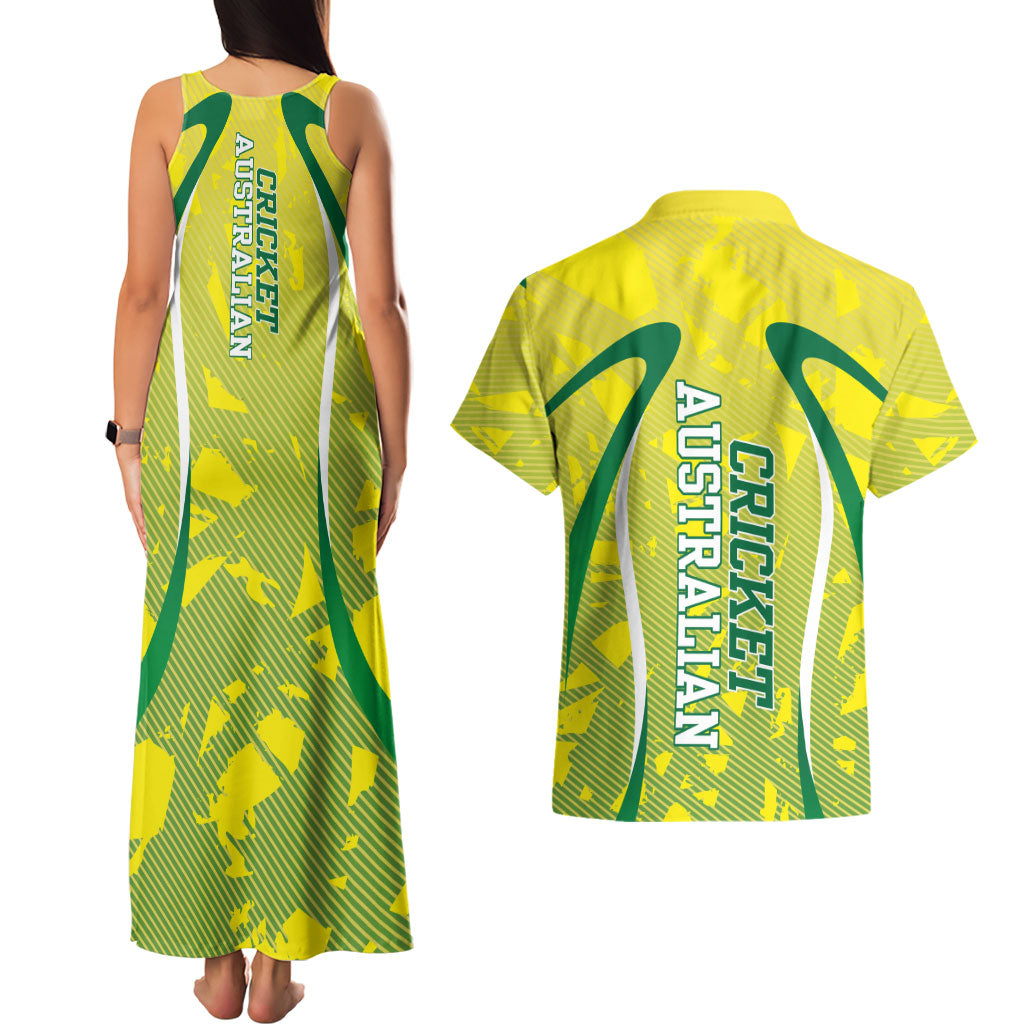 Cricket Australian Couples Matching Tank Maxi Dress and Hawaiian Shirt Map Silhouette With Green And Gold Geometric Pattern