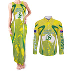 Cricket Australian Couples Matching Tank Maxi Dress and Long Sleeve Button Shirt Map Silhouette With Green And Gold Geometric Pattern