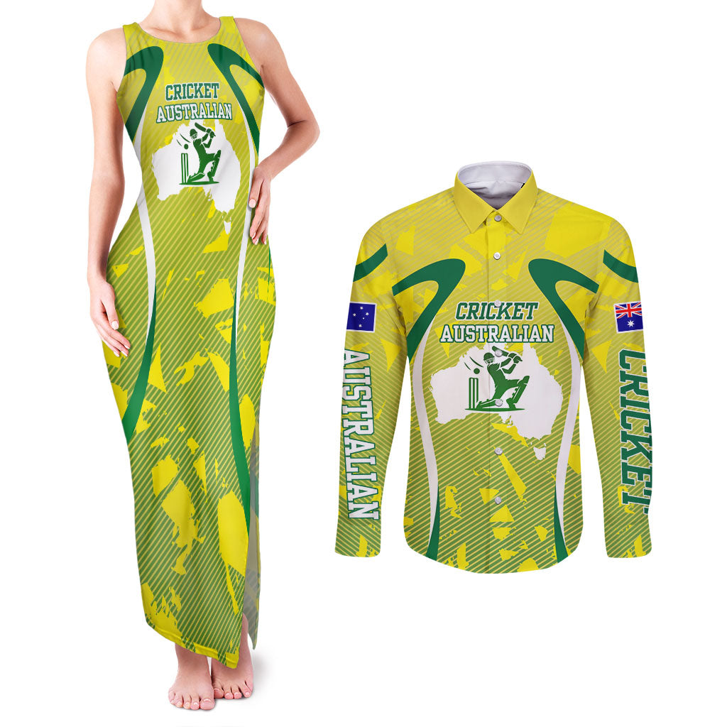 Cricket Australian Couples Matching Tank Maxi Dress and Long Sleeve Button Shirt Map Silhouette With Green And Gold Geometric Pattern