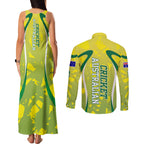 Cricket Australian Couples Matching Tank Maxi Dress and Long Sleeve Button Shirt Map Silhouette With Green And Gold Geometric Pattern