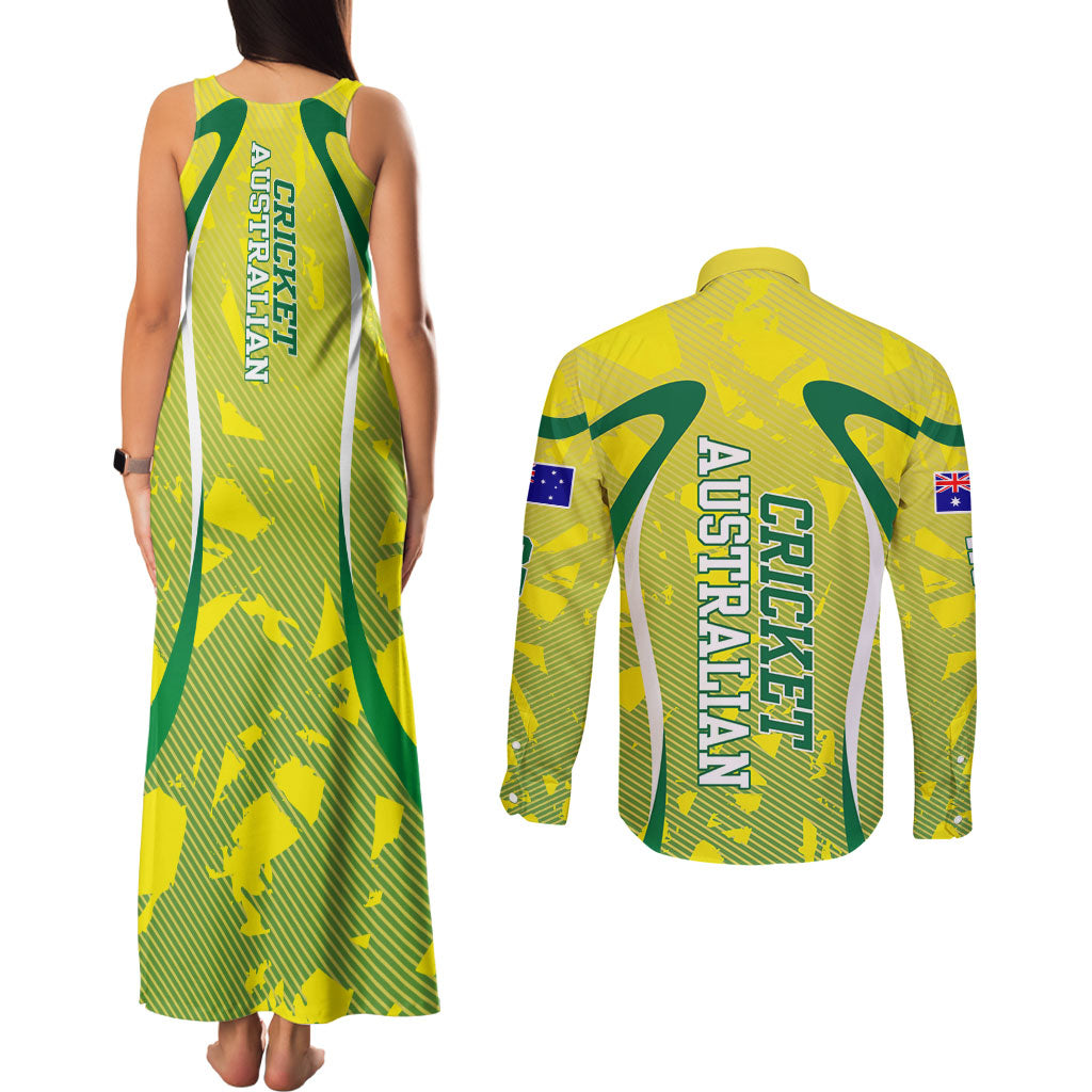 Cricket Australian Couples Matching Tank Maxi Dress and Long Sleeve Button Shirt Map Silhouette With Green And Gold Geometric Pattern