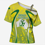 Cricket Australian Cross Shoulder Shirt Map Silhouette With Green And Gold Geometric Pattern