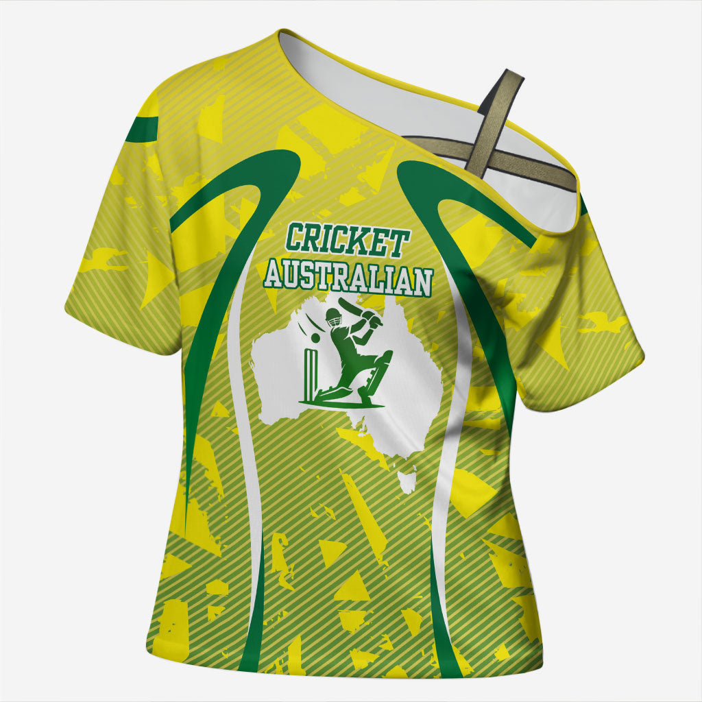 Cricket Australian Cross Shoulder Shirt Map Silhouette With Green And Gold Geometric Pattern