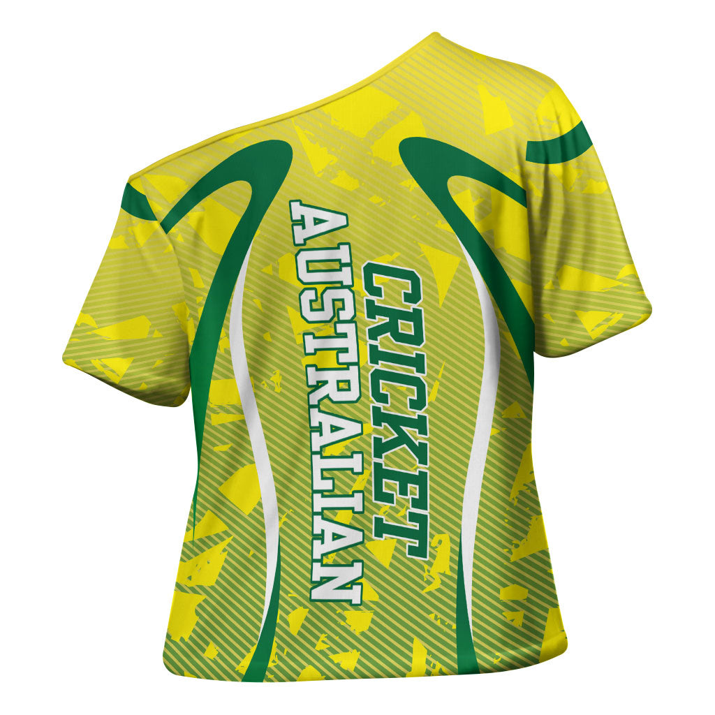 Cricket Australian Cross Shoulder Shirt Map Silhouette With Green And Gold Geometric Pattern