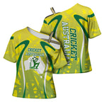 Cricket Australian Cross Shoulder Shirt Map Silhouette With Green And Gold Geometric Pattern