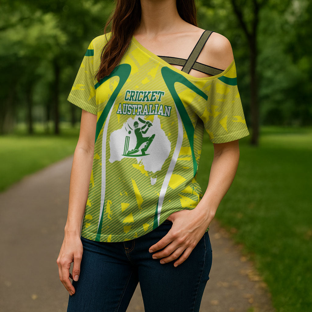 Cricket Australian Cross Shoulder Shirt Map Silhouette With Green And Gold Geometric Pattern