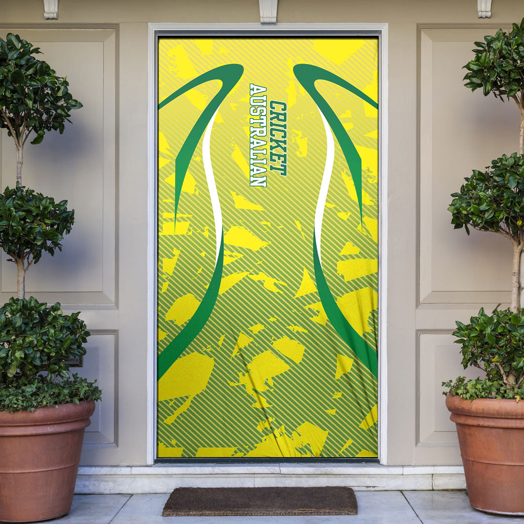 Cricket Australian Door Cover Map Silhouette With Green And Gold Geometric Pattern