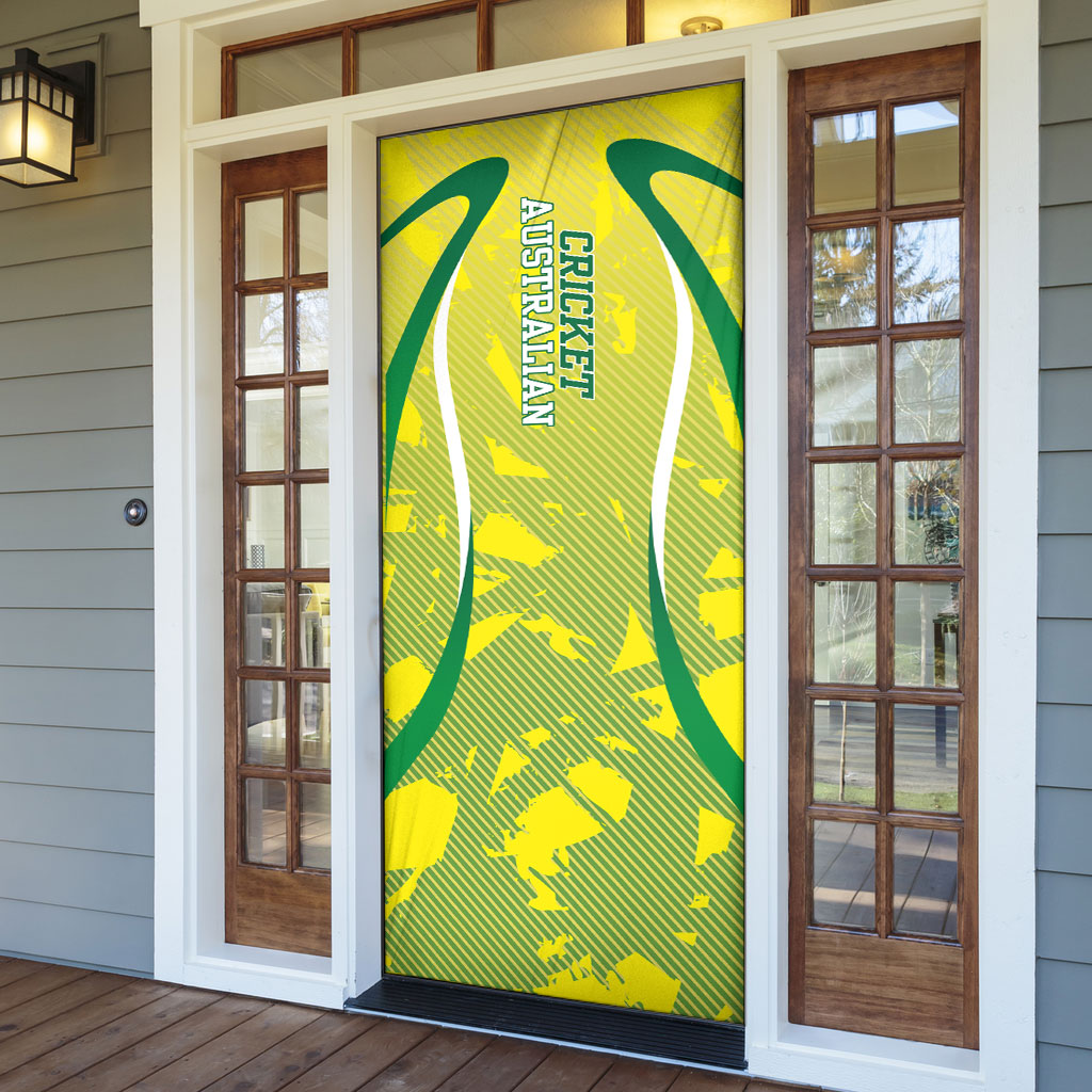 Cricket Australian Door Cover Map Silhouette With Green And Gold Geometric Pattern