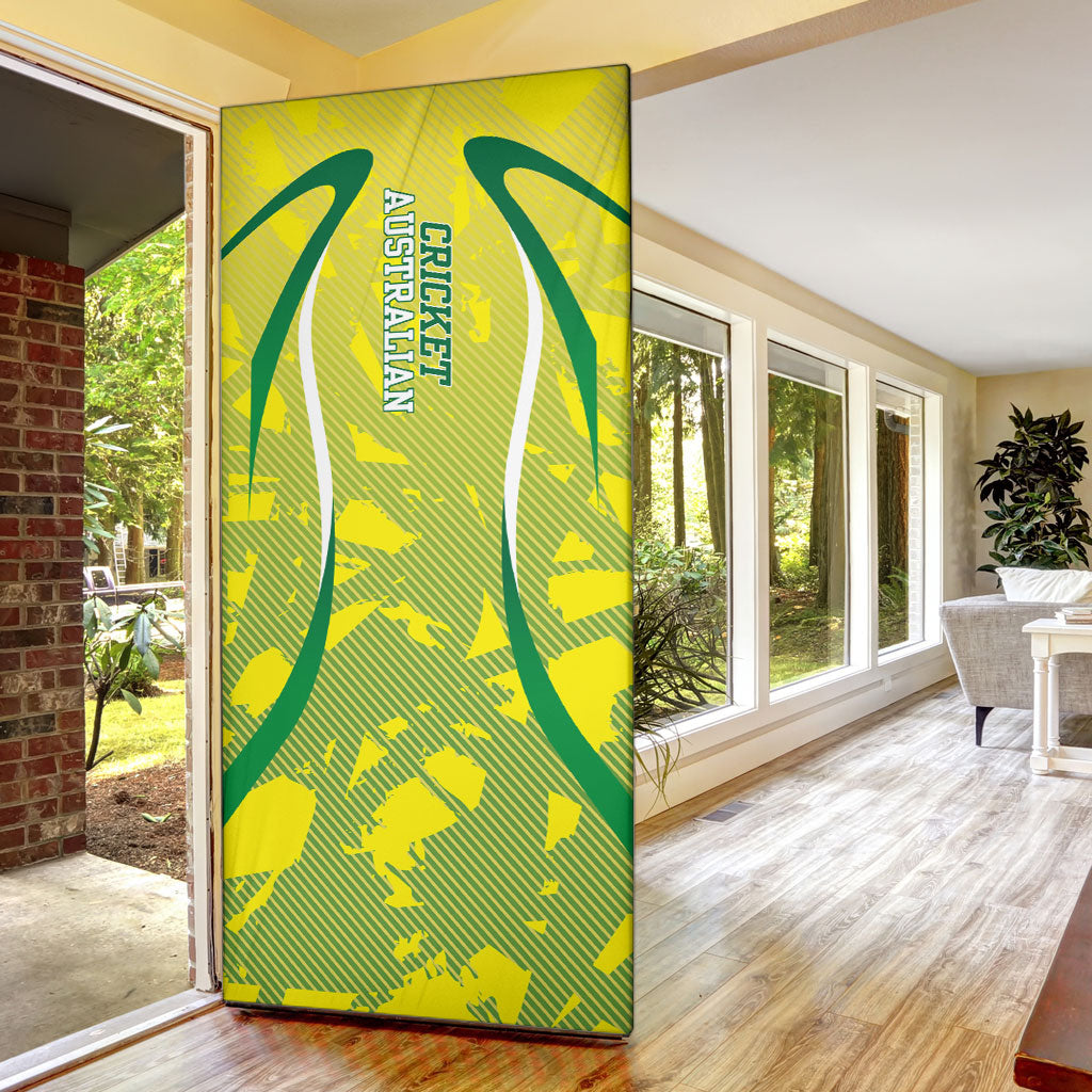 Cricket Australian Door Cover Map Silhouette With Green And Gold Geometric Pattern