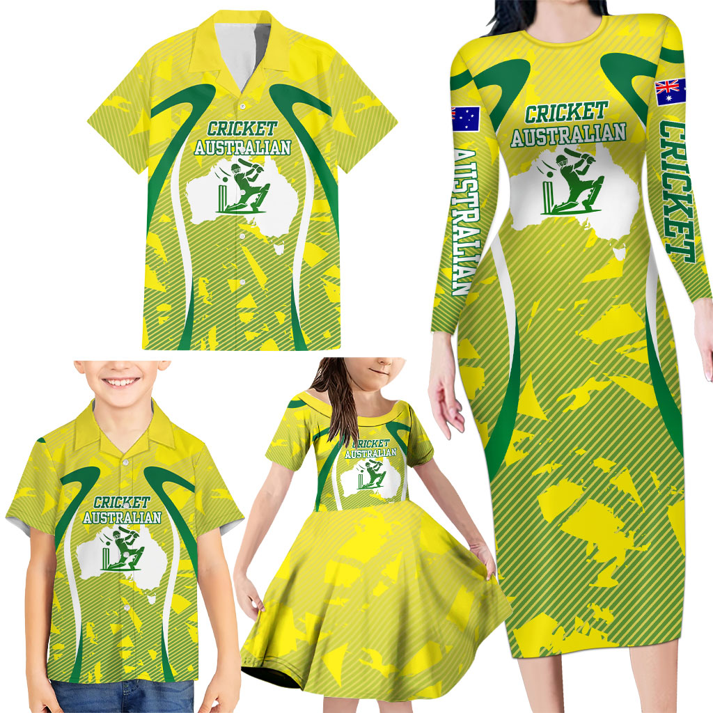 Cricket Australian Family Matching Long Sleeve Bodycon Dress and Hawaiian Shirt Map Silhouette With Green And Gold Geometric Pattern
