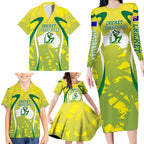 Cricket Australian Family Matching Long Sleeve Bodycon Dress and Hawaiian Shirt Map Silhouette With Green And Gold Geometric Pattern