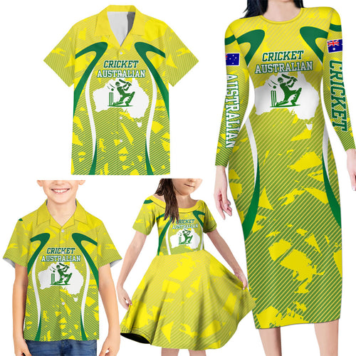 Cricket Australian Family Matching Long Sleeve Bodycon Dress and Hawaiian Shirt Map Silhouette With Green And Gold Geometric Pattern
