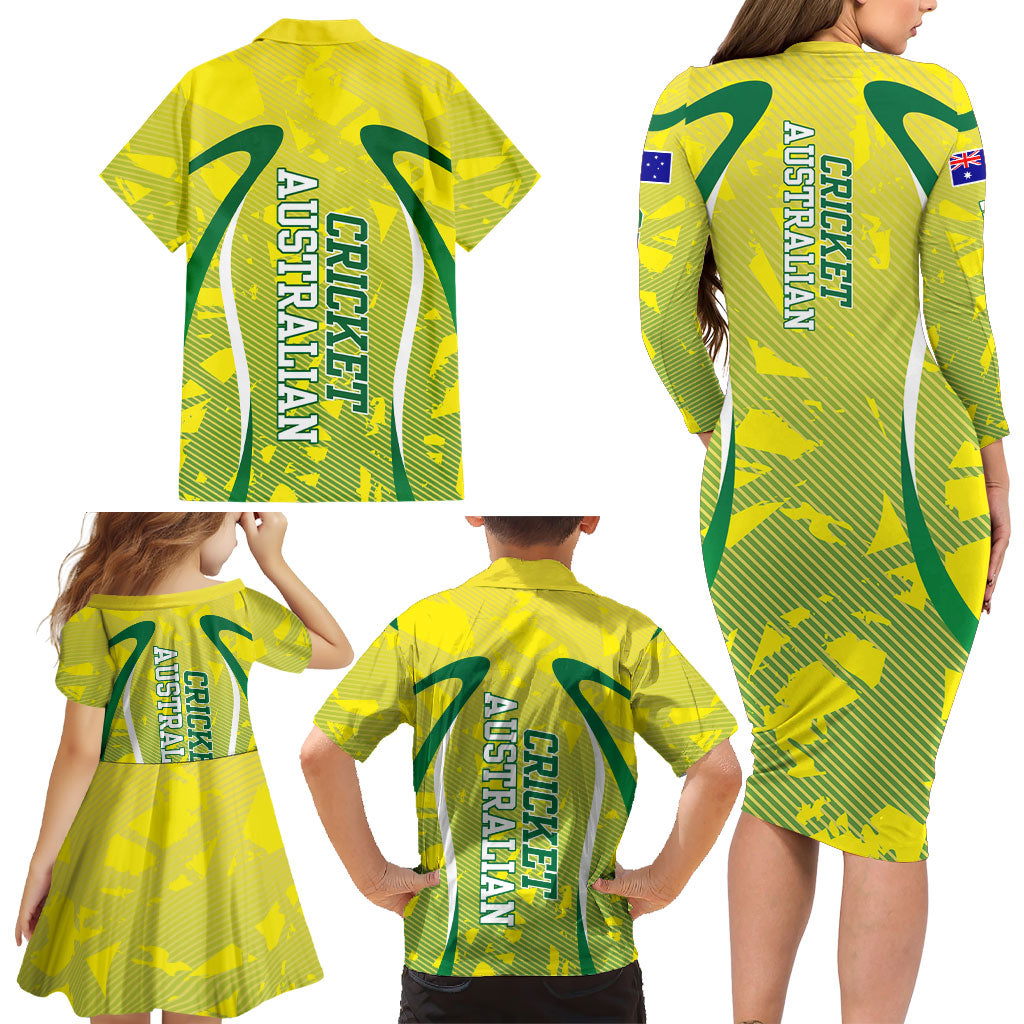 Cricket Australian Family Matching Long Sleeve Bodycon Dress and Hawaiian Shirt Map Silhouette With Green And Gold Geometric Pattern