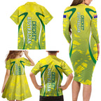 Cricket Australian Family Matching Long Sleeve Bodycon Dress and Hawaiian Shirt Map Silhouette With Green And Gold Geometric Pattern