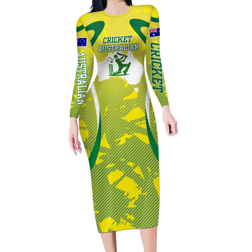 Cricket Australian Family Matching Long Sleeve Bodycon Dress and Hawaiian Shirt Map Silhouette With Green And Gold Geometric Pattern