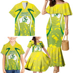 Cricket Australian Family Matching Mermaid Dress and Hawaiian Shirt Map Silhouette With Green And Gold Geometric Pattern