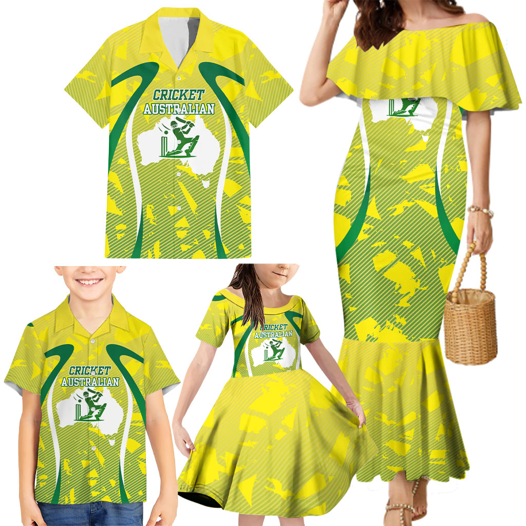 Cricket Australian Family Matching Mermaid Dress and Hawaiian Shirt Map Silhouette With Green And Gold Geometric Pattern