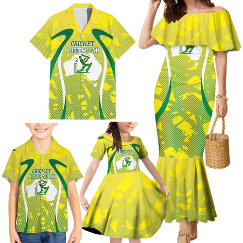 Cricket Australian Family Matching Mermaid Dress and Hawaiian Shirt Map Silhouette With Green And Gold Geometric Pattern