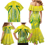 Cricket Australian Family Matching Mermaid Dress and Hawaiian Shirt Map Silhouette With Green And Gold Geometric Pattern
