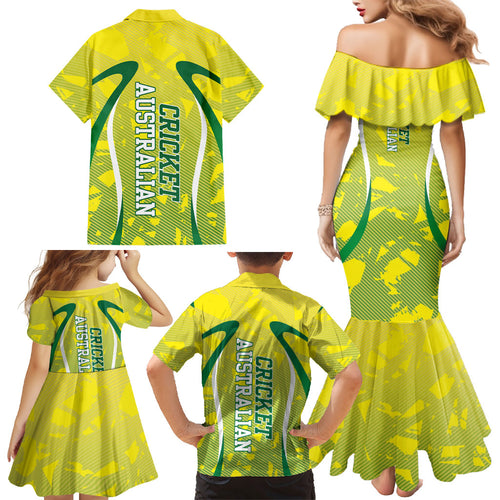 Cricket Australian Family Matching Mermaid Dress and Hawaiian Shirt Map Silhouette With Green And Gold Geometric Pattern