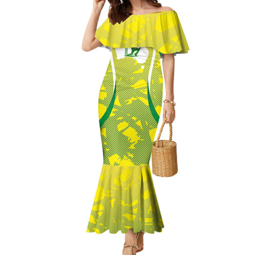 Cricket Australian Family Matching Mermaid Dress and Hawaiian Shirt Map Silhouette With Green And Gold Geometric Pattern