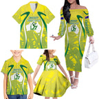 Cricket Australian Family Matching Off The Shoulder Long Sleeve Dress and Hawaiian Shirt Map Silhouette With Green And Gold Geometric Pattern