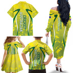 Cricket Australian Family Matching Off The Shoulder Long Sleeve Dress and Hawaiian Shirt Map Silhouette With Green And Gold Geometric Pattern
