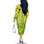 Cricket Australian Family Matching Off The Shoulder Long Sleeve Dress and Hawaiian Shirt Map Silhouette With Green And Gold Geometric Pattern