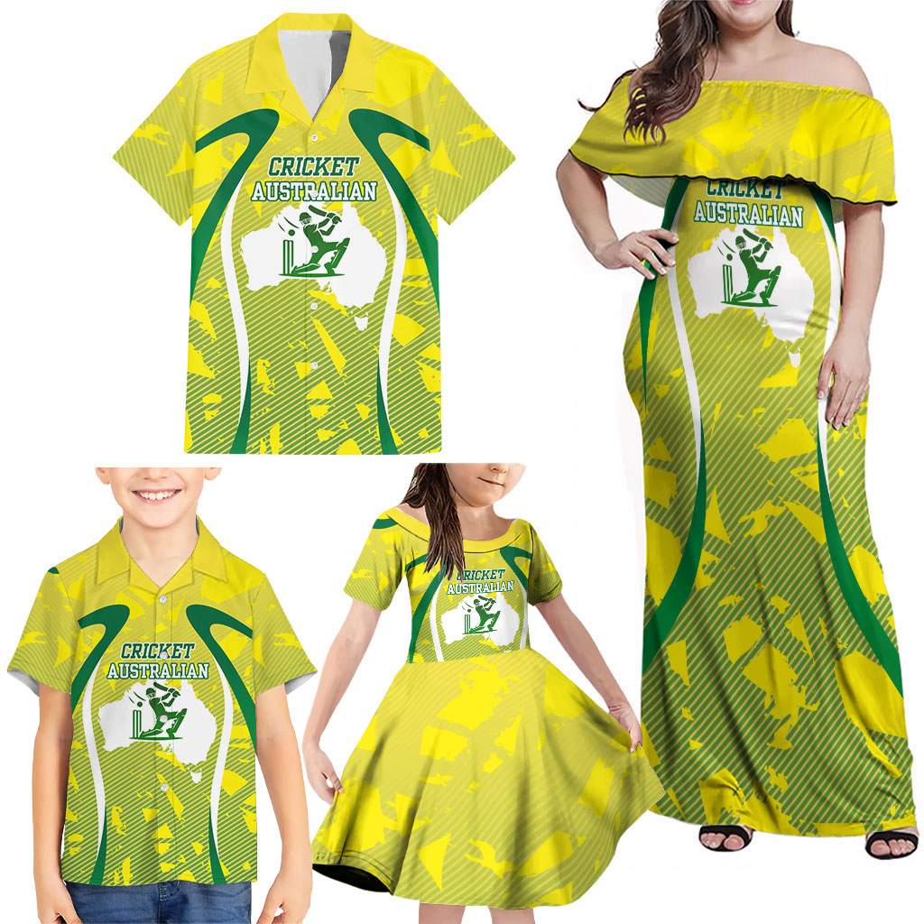 Cricket Australian Family Matching Off Shoulder Maxi Dress and Hawaiian Shirt Map Silhouette With Green And Gold Geometric Pattern