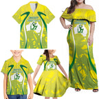 Cricket Australian Family Matching Off Shoulder Maxi Dress and Hawaiian Shirt Map Silhouette With Green And Gold Geometric Pattern