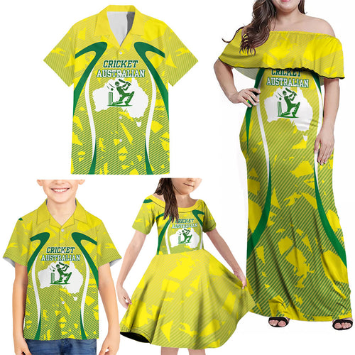 Cricket Australian Family Matching Off Shoulder Maxi Dress and Hawaiian Shirt Map Silhouette With Green And Gold Geometric Pattern