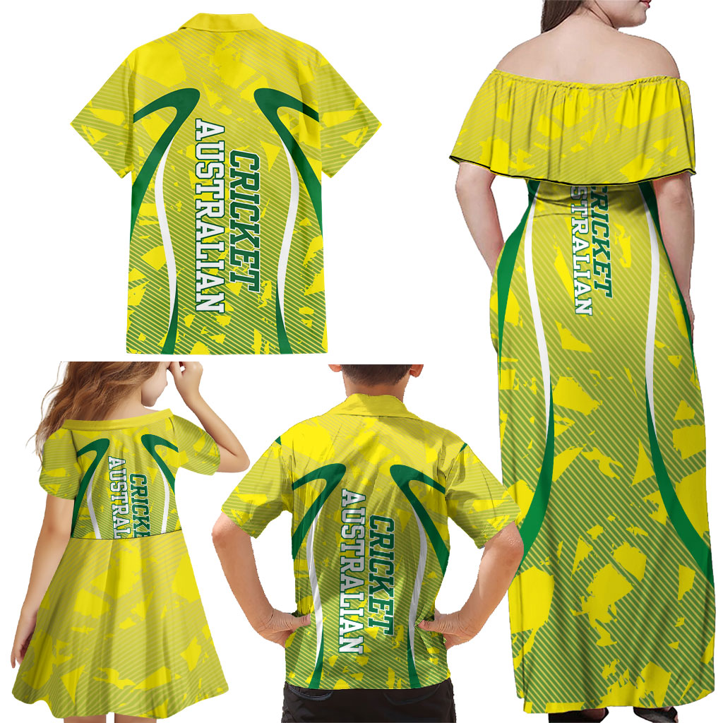 Cricket Australian Family Matching Off Shoulder Maxi Dress and Hawaiian Shirt Map Silhouette With Green And Gold Geometric Pattern
