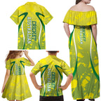 Cricket Australian Family Matching Off Shoulder Maxi Dress and Hawaiian Shirt Map Silhouette With Green And Gold Geometric Pattern