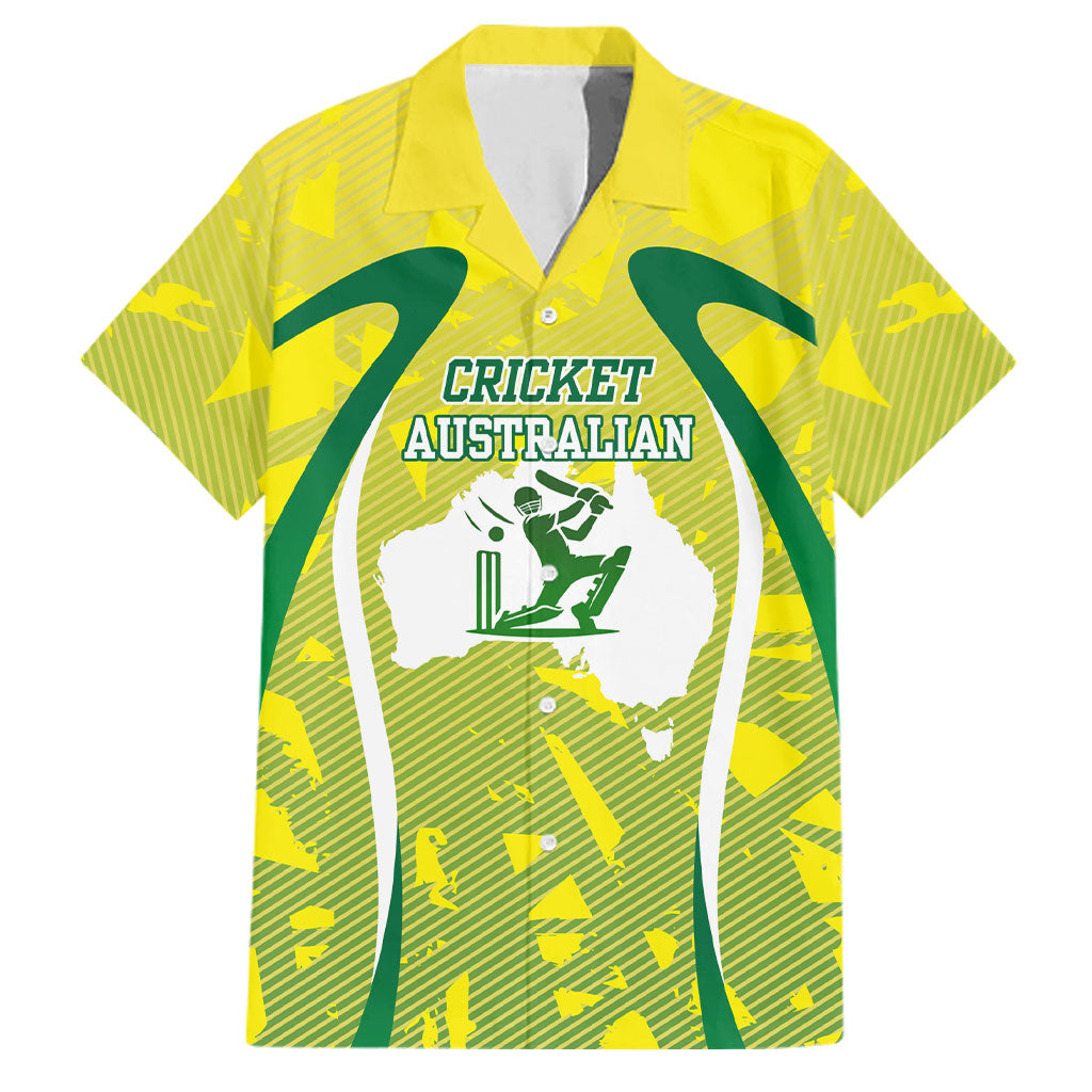 Cricket Australian Family Matching Off Shoulder Maxi Dress and Hawaiian Shirt Map Silhouette With Green And Gold Geometric Pattern