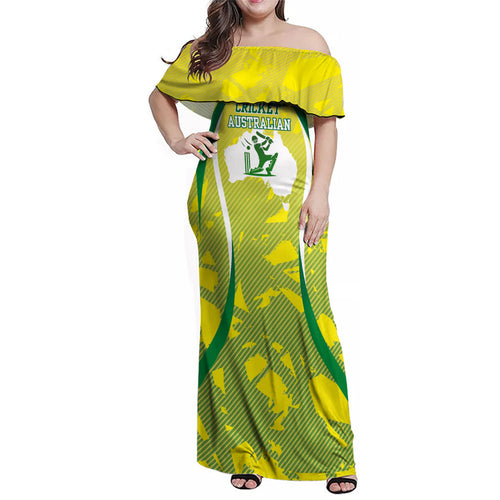 Cricket Australian Family Matching Off Shoulder Maxi Dress and Hawaiian Shirt Map Silhouette With Green And Gold Geometric Pattern