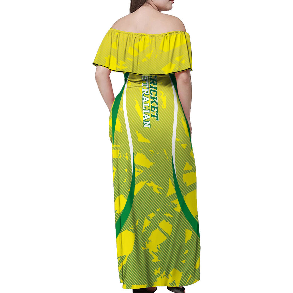 Cricket Australian Family Matching Off Shoulder Maxi Dress and Hawaiian Shirt Map Silhouette With Green And Gold Geometric Pattern