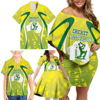 Cricket Australian Family Matching Off Shoulder Short Dress and Hawaiian Shirt Map Silhouette With Green And Gold Geometric Pattern
