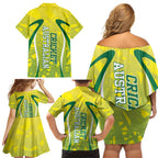 Cricket Australian Family Matching Off Shoulder Short Dress and Hawaiian Shirt Map Silhouette With Green And Gold Geometric Pattern