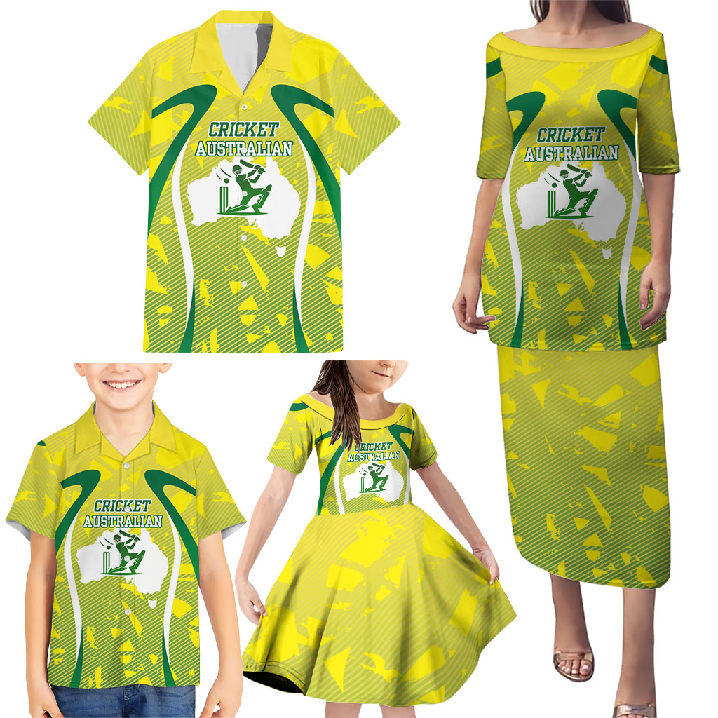 Cricket Australian Family Matching Puletasi and Hawaiian Shirt Map Silhouette With Green And Gold Geometric Pattern