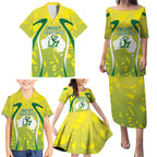 Cricket Australian Family Matching Puletasi and Hawaiian Shirt Map Silhouette With Green And Gold Geometric Pattern