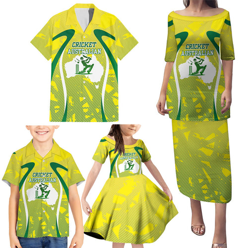 Cricket Australian Family Matching Puletasi and Hawaiian Shirt Map Silhouette With Green And Gold Geometric Pattern