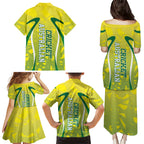 Cricket Australian Family Matching Puletasi and Hawaiian Shirt Map Silhouette With Green And Gold Geometric Pattern