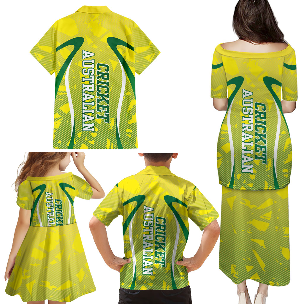 Cricket Australian Family Matching Puletasi and Hawaiian Shirt Map Silhouette With Green And Gold Geometric Pattern