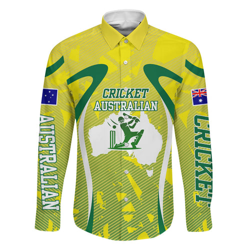 Cricket Australian Family Matching Puletasi and Hawaiian Shirt Map Silhouette With Green And Gold Geometric Pattern