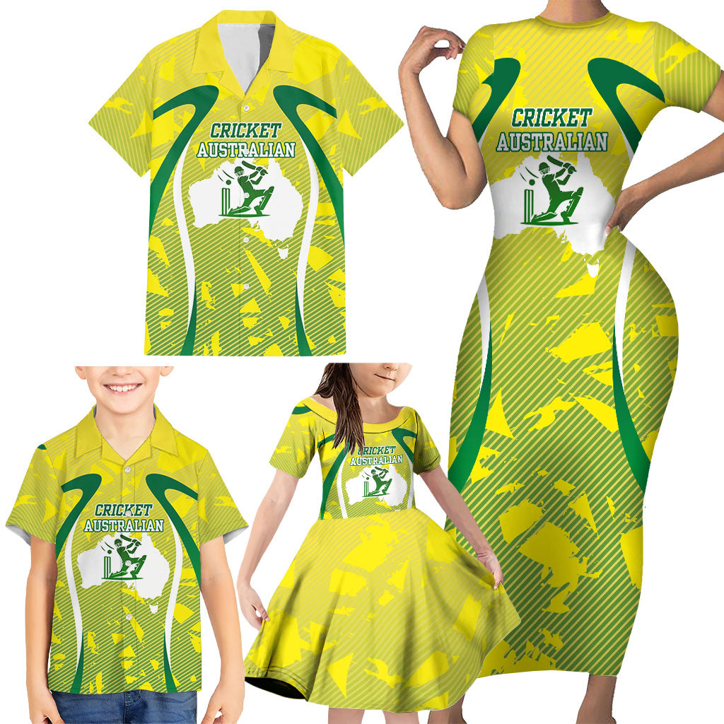 Cricket Australian Family Matching Short Sleeve Bodycon Dress and Hawaiian Shirt Map Silhouette With Green And Gold Geometric Pattern