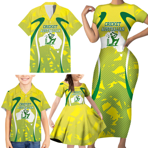 Cricket Australian Family Matching Short Sleeve Bodycon Dress and Hawaiian Shirt Map Silhouette With Green And Gold Geometric Pattern