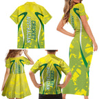 Cricket Australian Family Matching Short Sleeve Bodycon Dress and Hawaiian Shirt Map Silhouette With Green And Gold Geometric Pattern