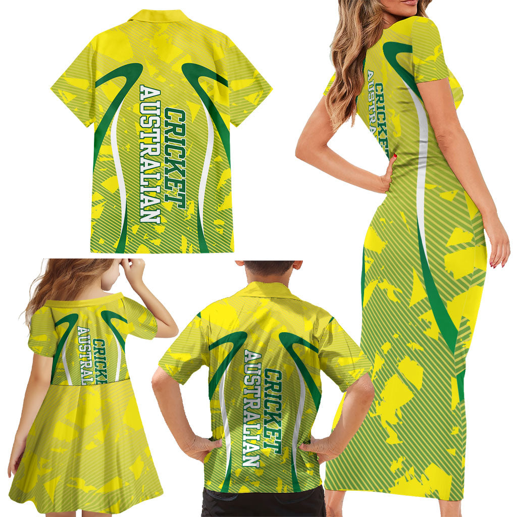 Cricket Australian Family Matching Short Sleeve Bodycon Dress and Hawaiian Shirt Map Silhouette With Green And Gold Geometric Pattern